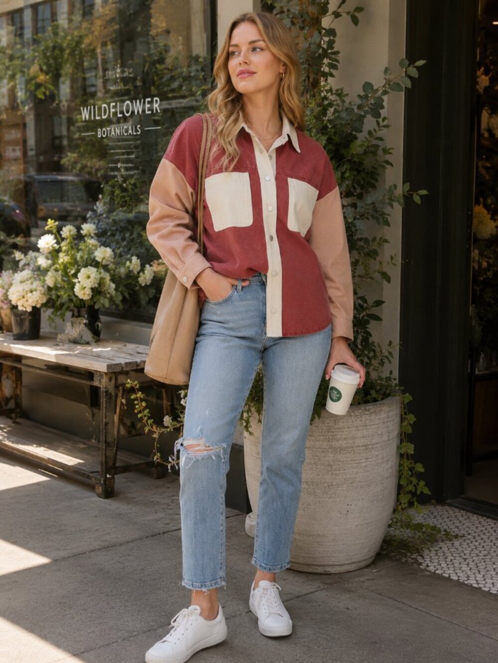 Tea n Rose Oversized Color Block Cotton Shirt Jacket Shacket Lightweight Denim